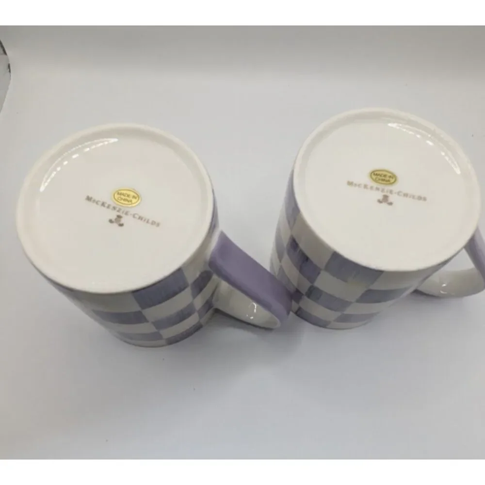 MacKenzie-Childs Violet Check 2 Qt Tea Kettle + 2 Mugs Purple Enamel New